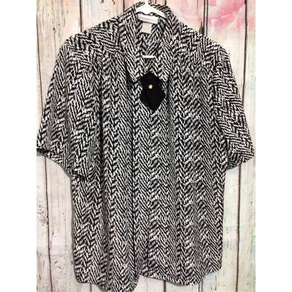 Impressions of California Black & White Blouse Tie Accent Pearl Button Size 16 ❤ - Picture 1 of 12
